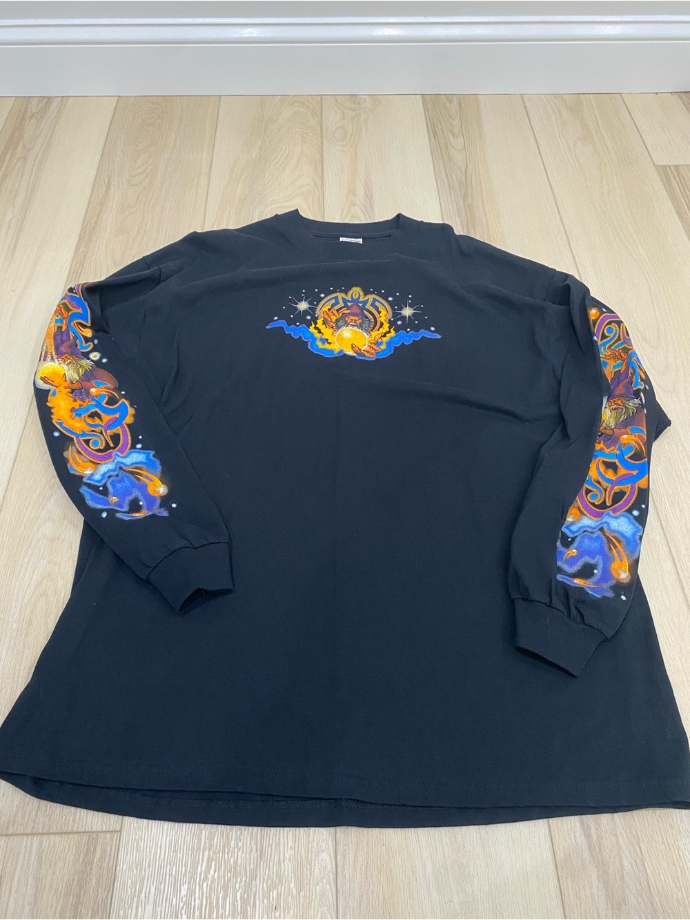 Delta Black Wizard Graphic Long Sleeve Vintage Tee XL Sleeve Hits